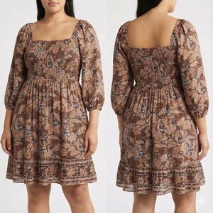 Destination 365 Women's 3XP Plus Petite Smocked Dress Brown Floral Modal Boho